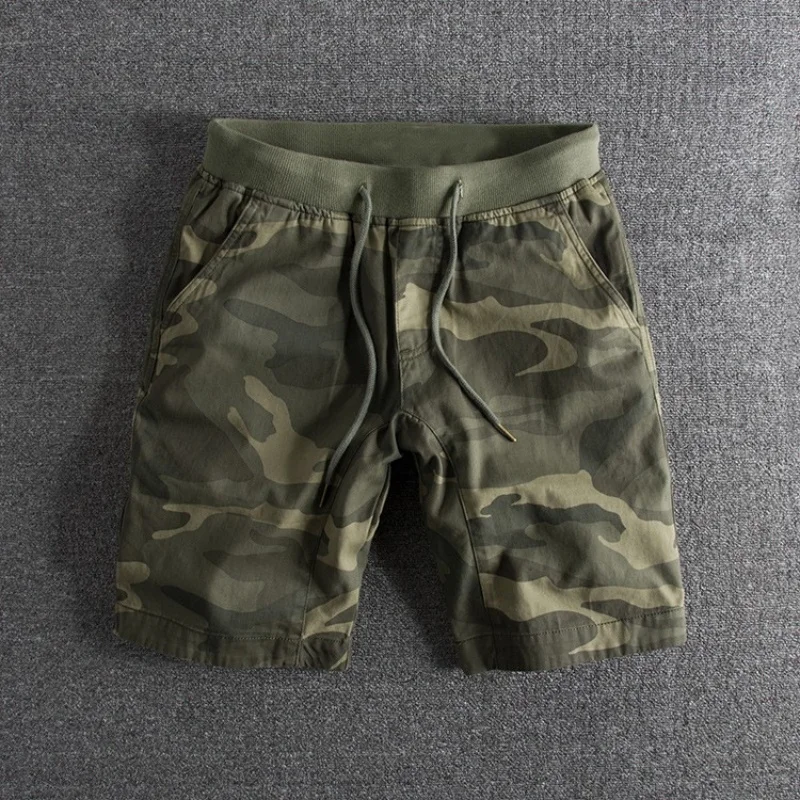summer washed and aged pure cotton personalized camouflage elastic waist drawstring summer men's shorts casual shorts JJ1482