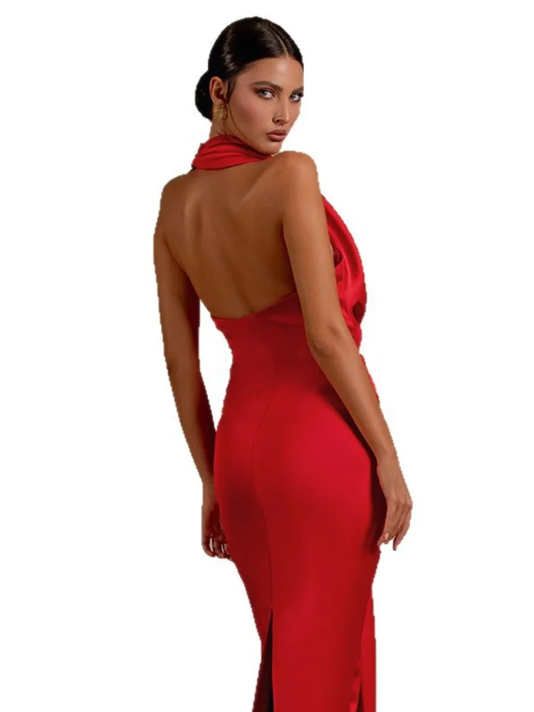 Sukienka satynowa z odkrytymi plecami i halterem w stylu Articat, damska, nowa, długa, elegancka, bez rękawów, obcisła, na imprezę, do klubu, wieczorowa, damska, Vestido