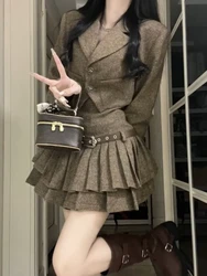 Autumn Gray Vintage New 2 Piece Sets Women Korean Design Y2K Elegant Clothes Female Solid WarmTops + Chic Pleated Dresses 2024