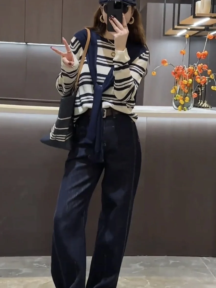 

Fashionable Casual Striped Shoulder Wrap Top Loose Straight Leg Pants Two Piece Set Spring Autumn New Women's Wear