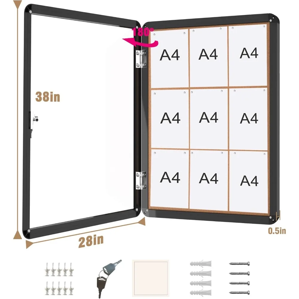 لوحة إعلانات مغلقة، لوحة إعلانات من الفلين الألومنيوم المقاوم للطقس قابلة للقفل للمدرسة والمكتب، إطار أسود مع فلين