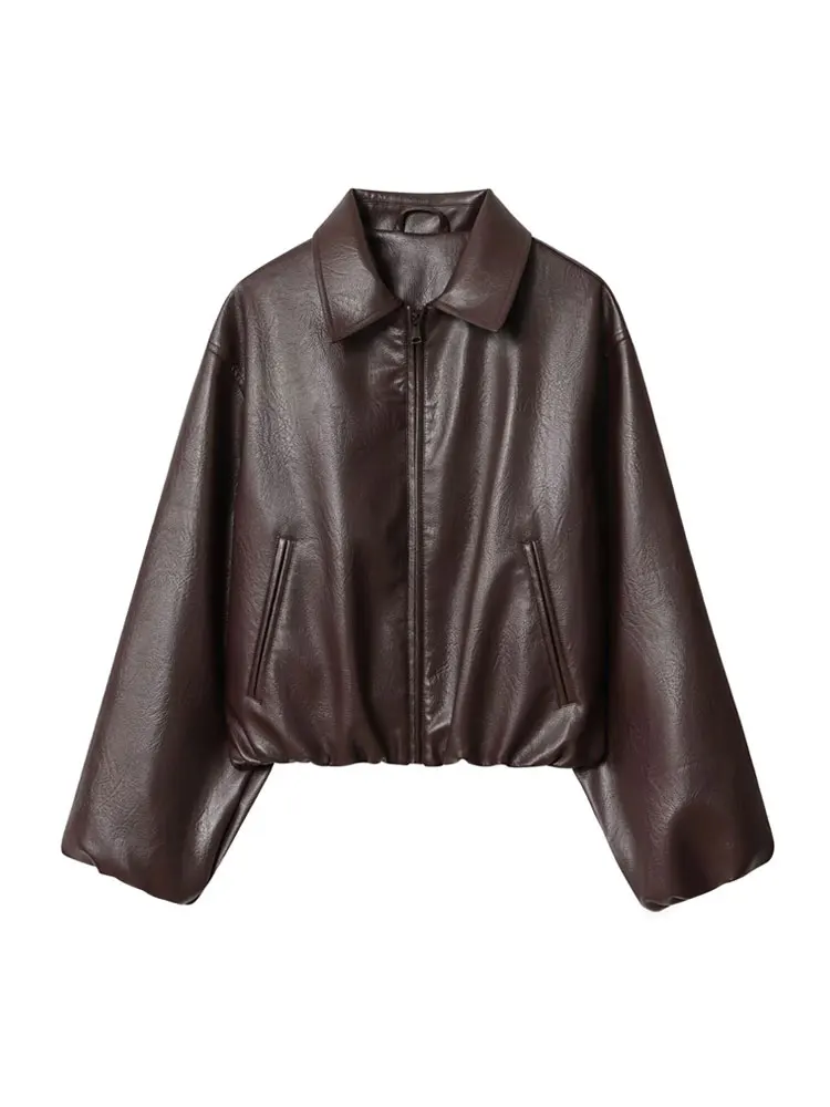 Giacca bomber da donna in ecopelle manica lunga capispalla chic orlo elastico top alla moda femminile