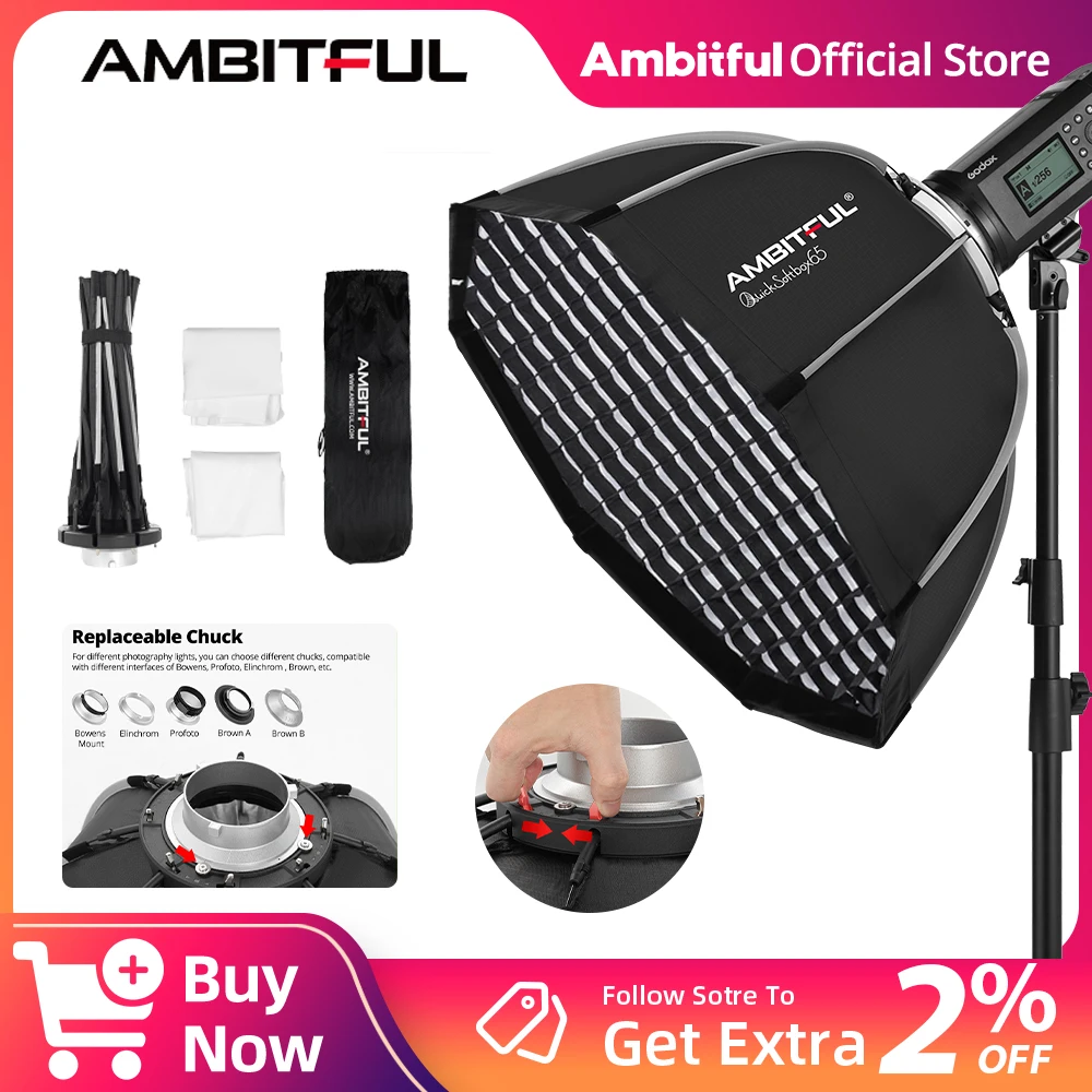

AMBITFUL QS 65cm 90cm Bowens Mount Quick Set-up Softbox With Grid For Camera Flash Speedlite Led Light Soft Light Box Matt Box