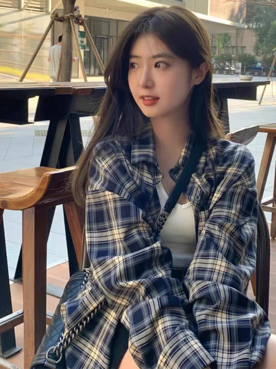 

Retro checkered shirt women's fashion top thin coat