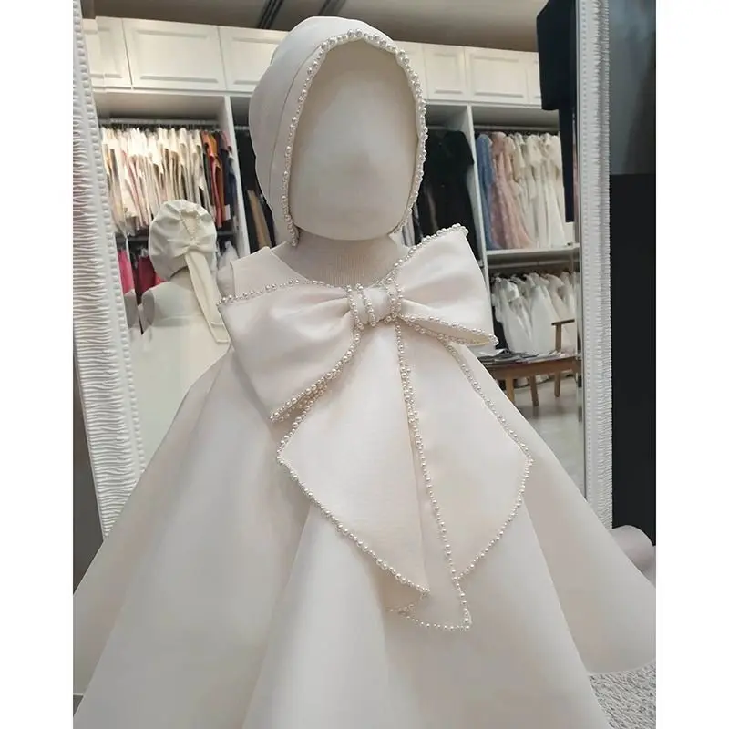 Baby Girl Princess Pearl Bow Silk Dress Sleeveless Infant Toddler Vintage Vestido Party Pageant Birthday Baptism Frocks 1-12Y