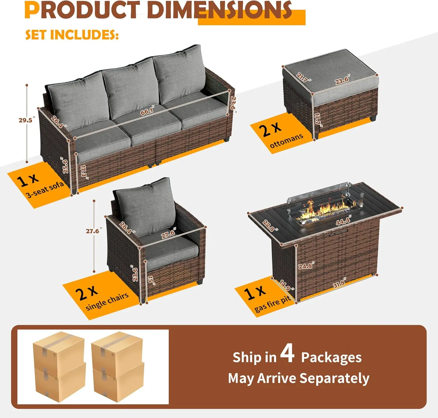 Outdoor Patio Furniture Set ,, All-Weather Wicker Rattan Sofa Ottoman for Garden Backyard Deck