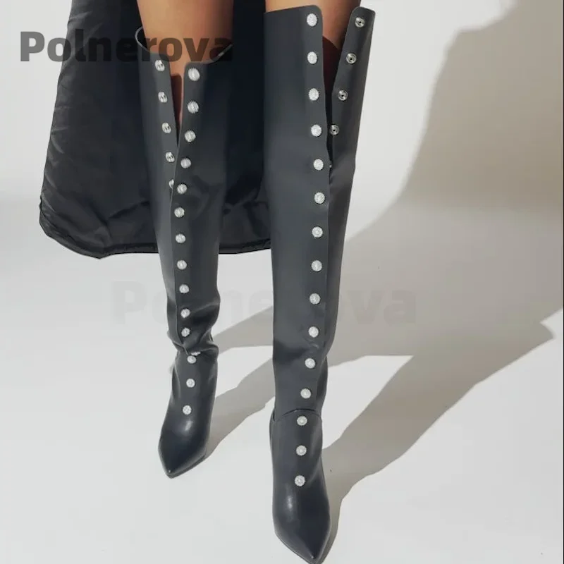 

Black Leather Over The Knee Boots for Women Thigh High Heels Pointed Toe Women Shoes Fashion Metal Buckle Party Banquet Shoes
