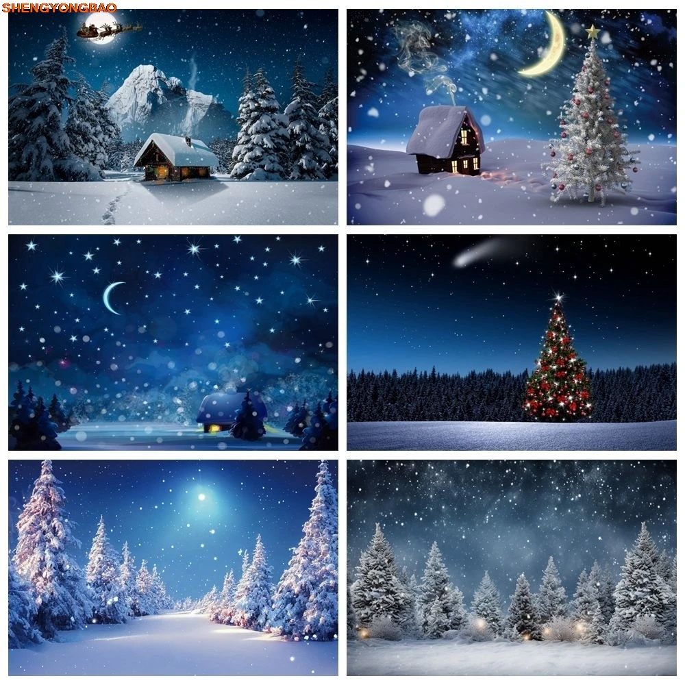 

Dark Blue Sky Moon Star Forest Backdrop Winter Christmas Snow Night Nature Scenery Photography Background Decor Photo Studio
