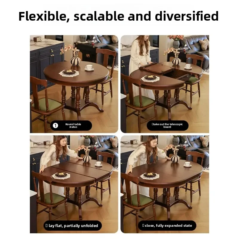 DSA New American Retro Solid Wood Retractable Dining Table Home Foldable Round Dining Table