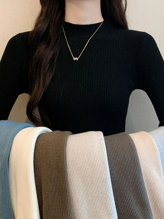 

Bla Long Sve Knitted Sweater Women's Slim Fit Base Layer Top f High Collar Faionable Unique Autumn Winter Inner Wear