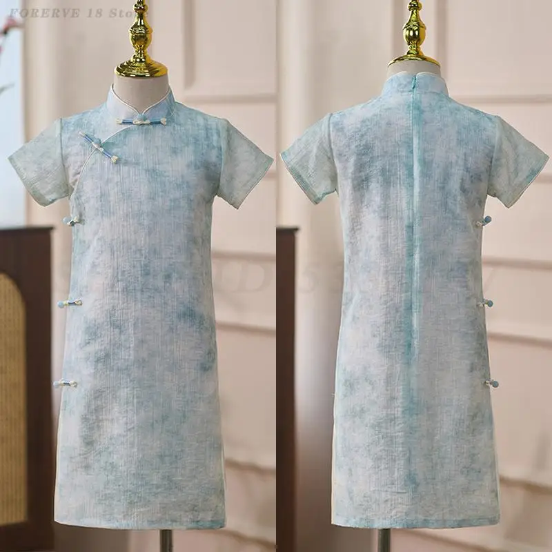 

Girl's Blue Printed Chinese Style Dress Traditional Vintage Button Cheongsam Classic Oriental Qipao Children's Sweet Vestidos