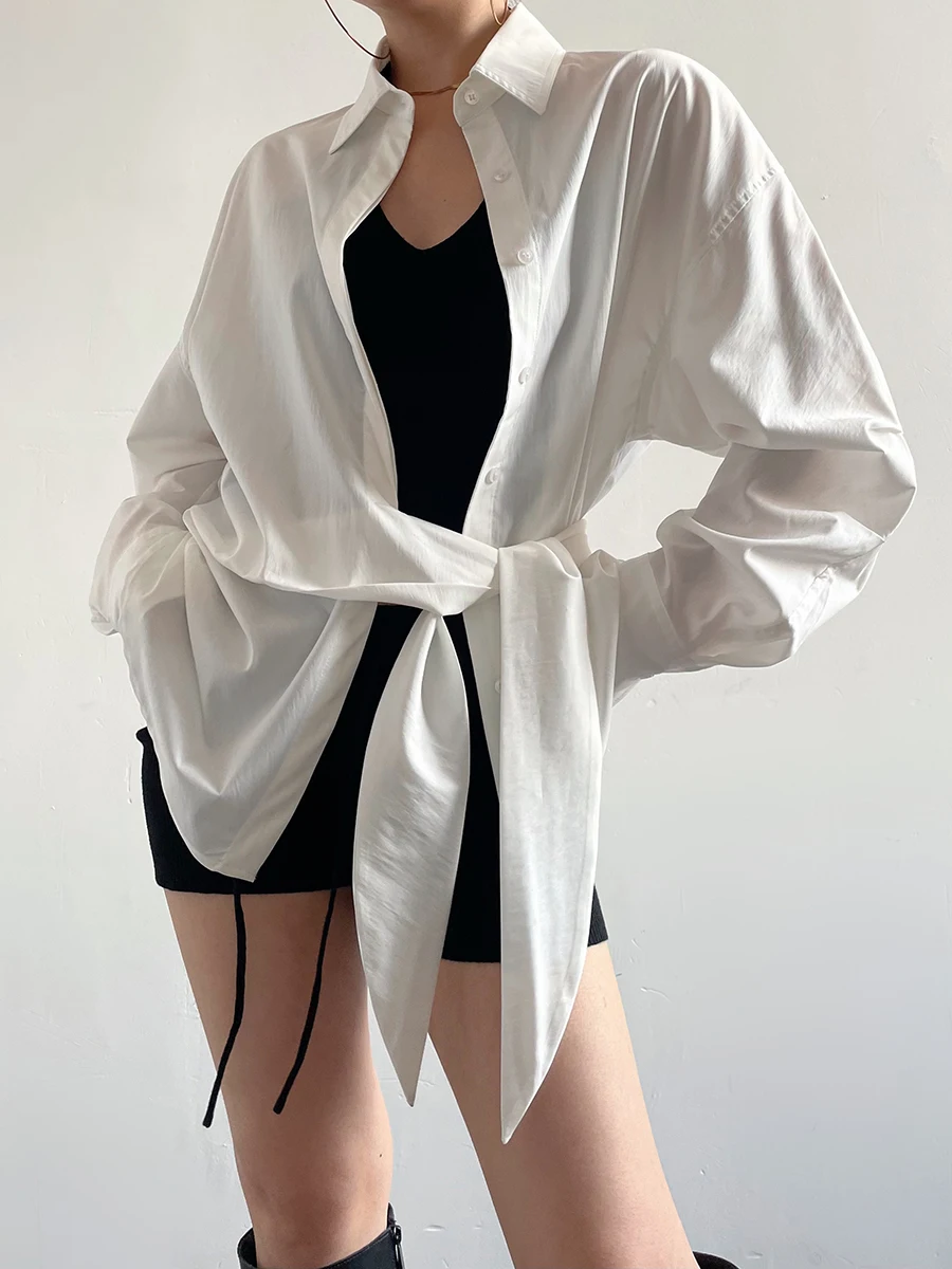 

Женская свободная блузка с завязками по бокам, универсальная, новинка Весна 2026, с присборенным подолом, длинными рукавами, на пуговицах, повседневная, модная