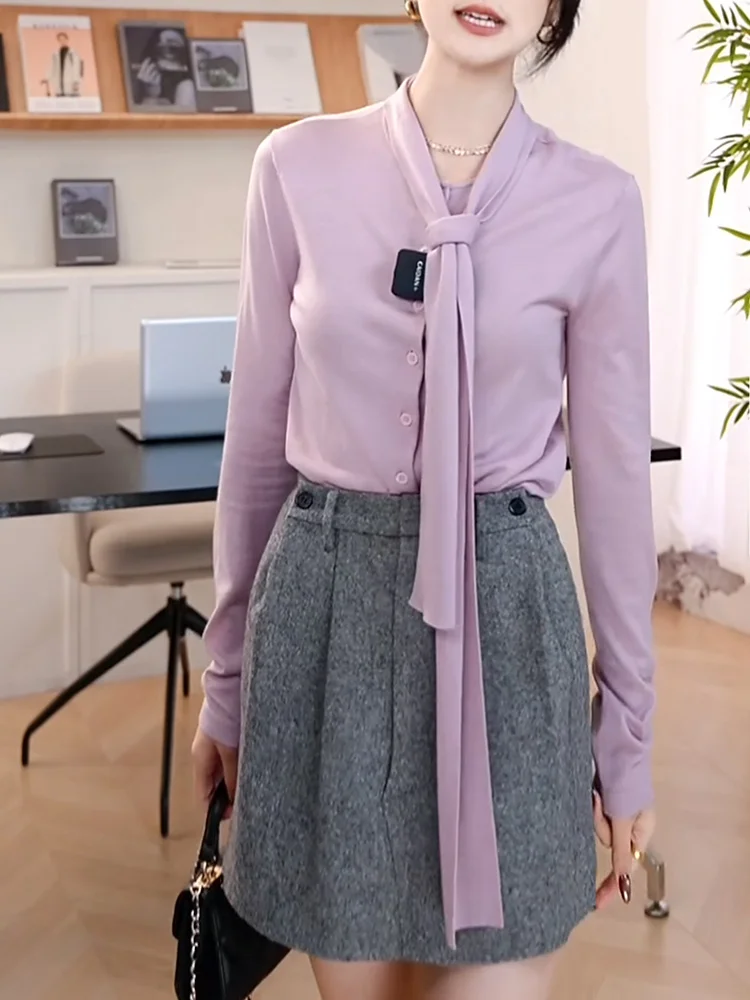 

Ele Purple irt with Tie Vintage Gentle Sle for Autumn Season plus Size Versatile Faionable Casual Long Sve V-Ne