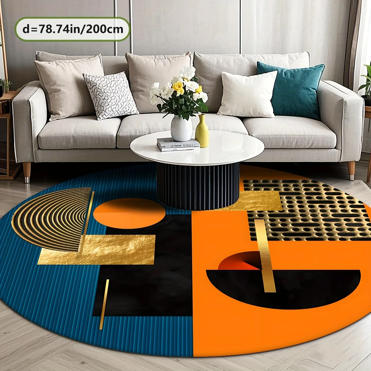 Orange Blue Gold Abstract Geometric Luxury Round Rug Flannel Non Slip Modern Living Room Sofa Area Rug High End Interior Design