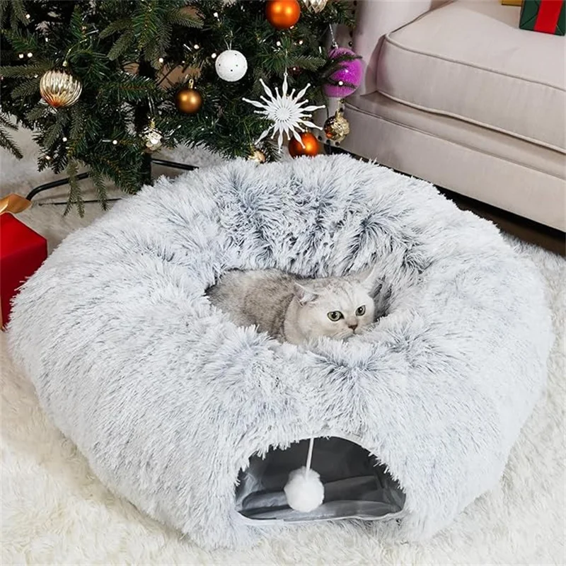 Cat Tunnels for Indoor Cats, Cat Tunnel Bed with Washable Cushion,Cat Tunnel Christmas Tree Skirt,Collapsible Donut Tunnel
