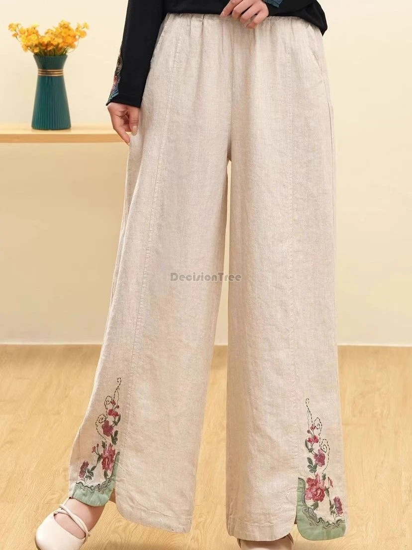 

2024 new literature art casual pants chinese ethnic style elastic waist cotton linen trousers embroidery loose wide leg britches