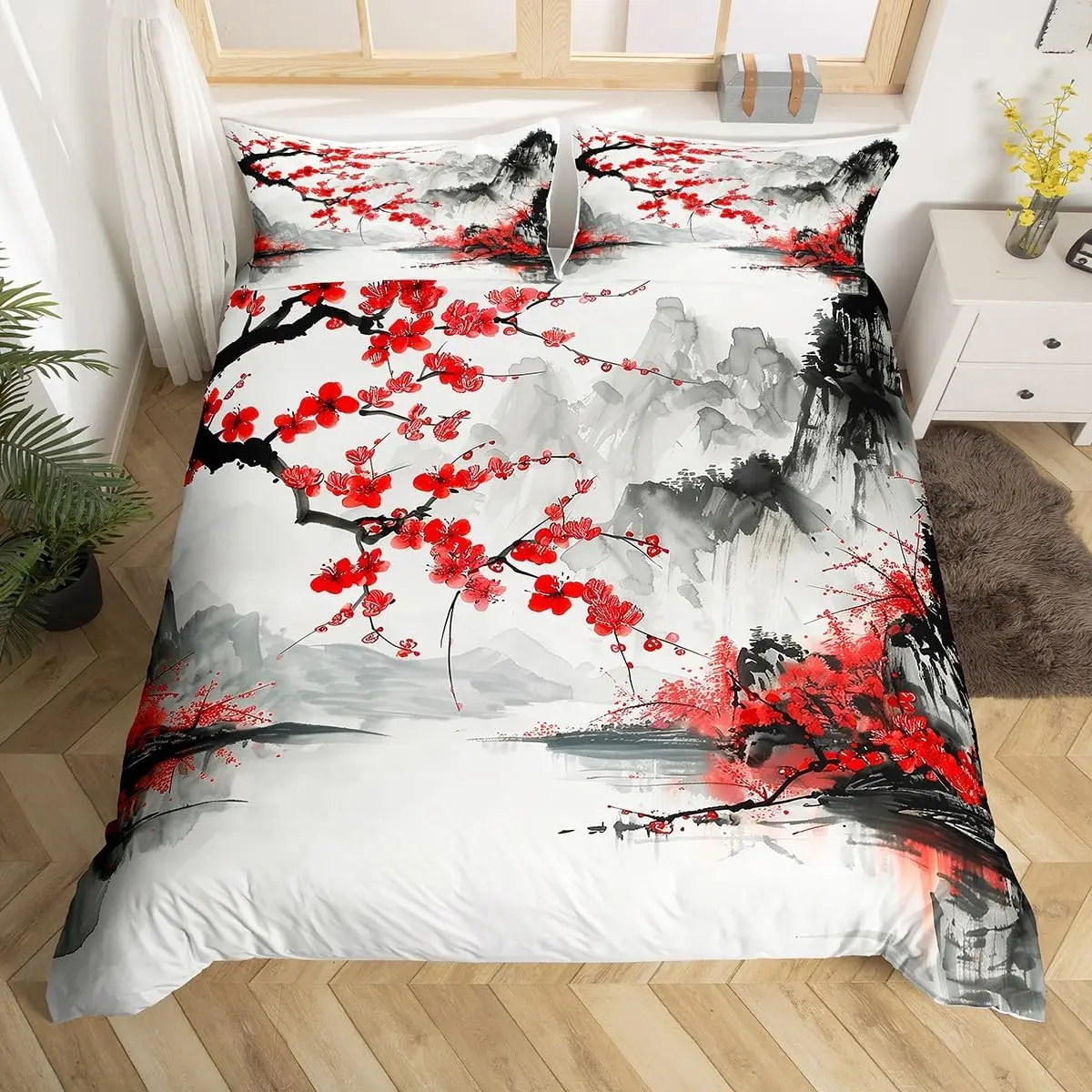 

Цветок сливы Цветочный пододеяльник Queen King Size Древний стиль Красный кленовый лист Натуральный пейзаж Комплект постельного белья Украшение комнаты 3 шт.