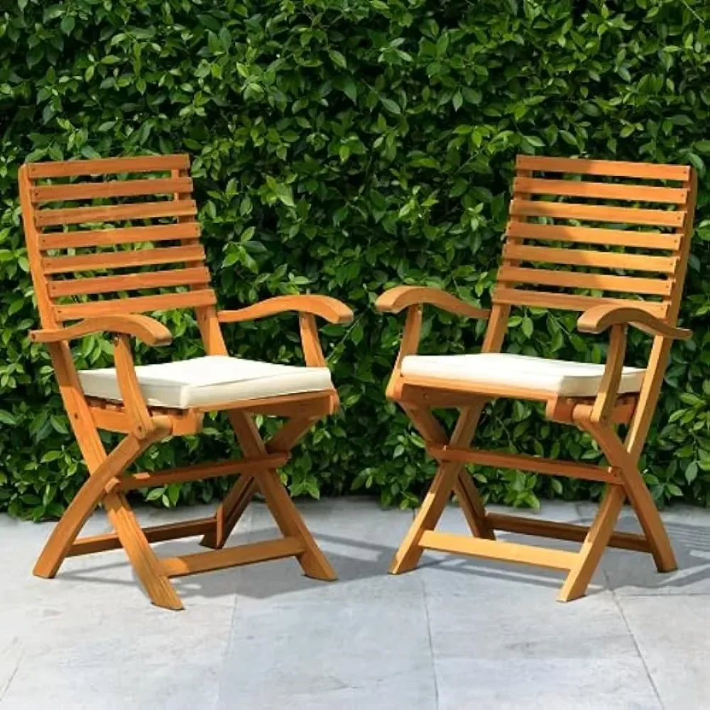 Percy Wood Folding Chairs Heavy Duty 400lbs Capacity Set of 2 w/Cushion, FSC Acacia Outdoor Furniture, Teak Finish, Beige