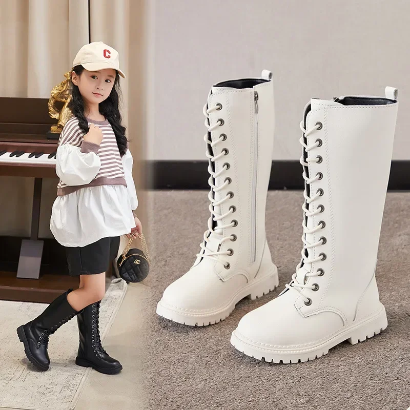 12-year-old Children Girls Purity Lace Up Long Single Medium High Microfiber Skin Princess Cotton Boots