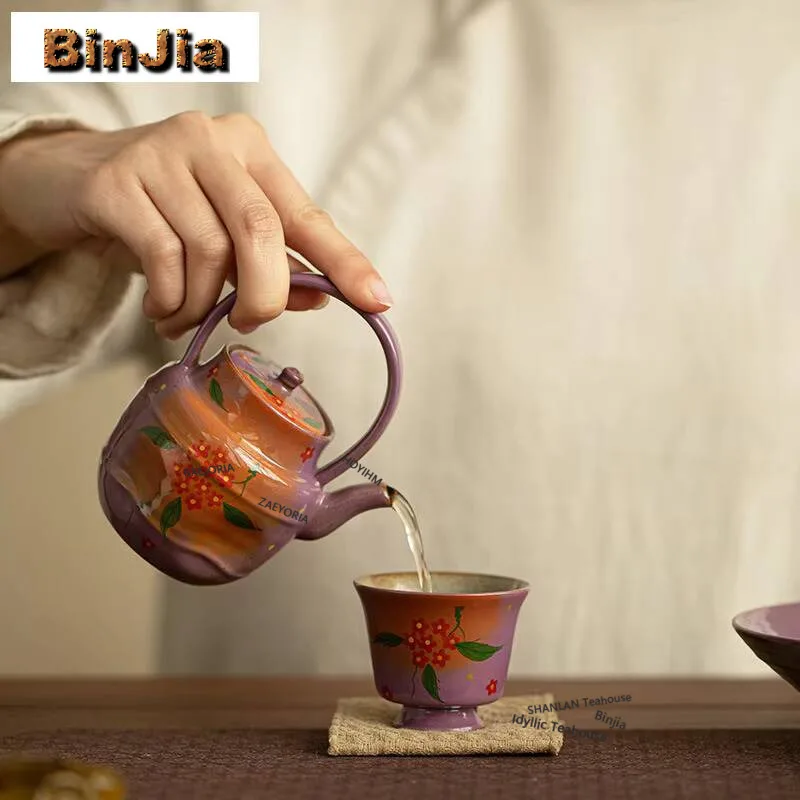 150ml Hand-painted Small Red Flower Lifting Handle Teapot Handmade Tea Infuser Pot Tea Brewing Kettle With Ball Hole Tea Items