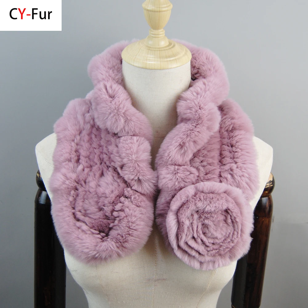 

Hot Sell Flawers Lady Real Rabbit Fur Scarves Women Winter Warm Natural Rex Rabbit Fur Ring Scarf Knitted Real Fur Neckerchief