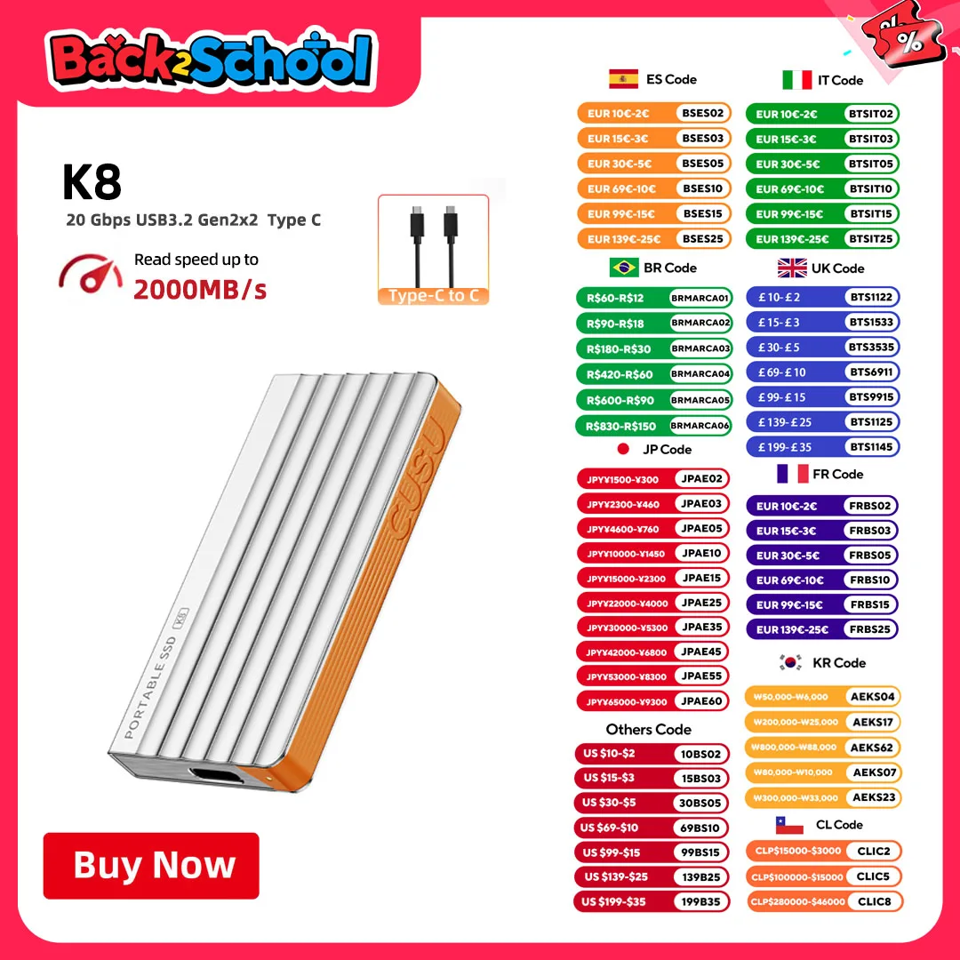 

CUSU K8 HD External Hard Drive 512gb 1tb Portable SSD Solid State Disk USB3.2 USB C 20Gbps SSD for iphone 15 above/ Laptop PC