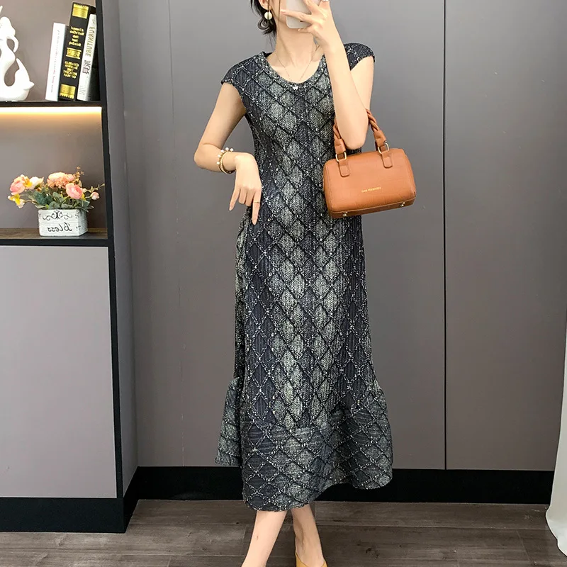 

Miyake Pleats Dresses 2025 New Denim Color Dress, Slim Round-neck A-line Long Dress
