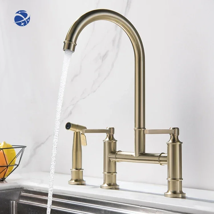 Original brand newgold brushed brass tapware 2 handle kitchen faucet with sprayer bridge kitchen faucet hot and cold 3 mode sink