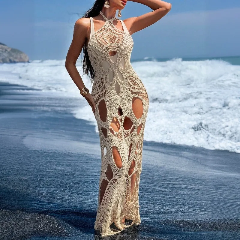Hollow Out Hand Crochet Knitted Bikini Cover-up Holiday Maxi Dress Women Sexy Lace Up Halter Backless Vacation Beach Long Robes