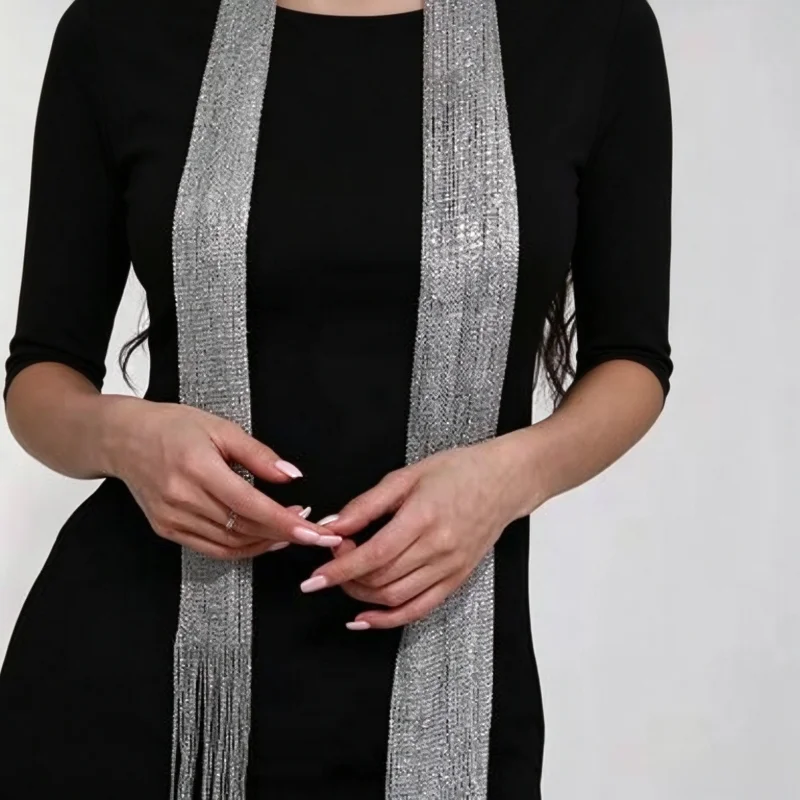 Fashion Nightclub Sunscreen Shawl Bright Silk For Women Lace Tassel Shiny Necklace Party Gold Silver Evening Dress Scarf