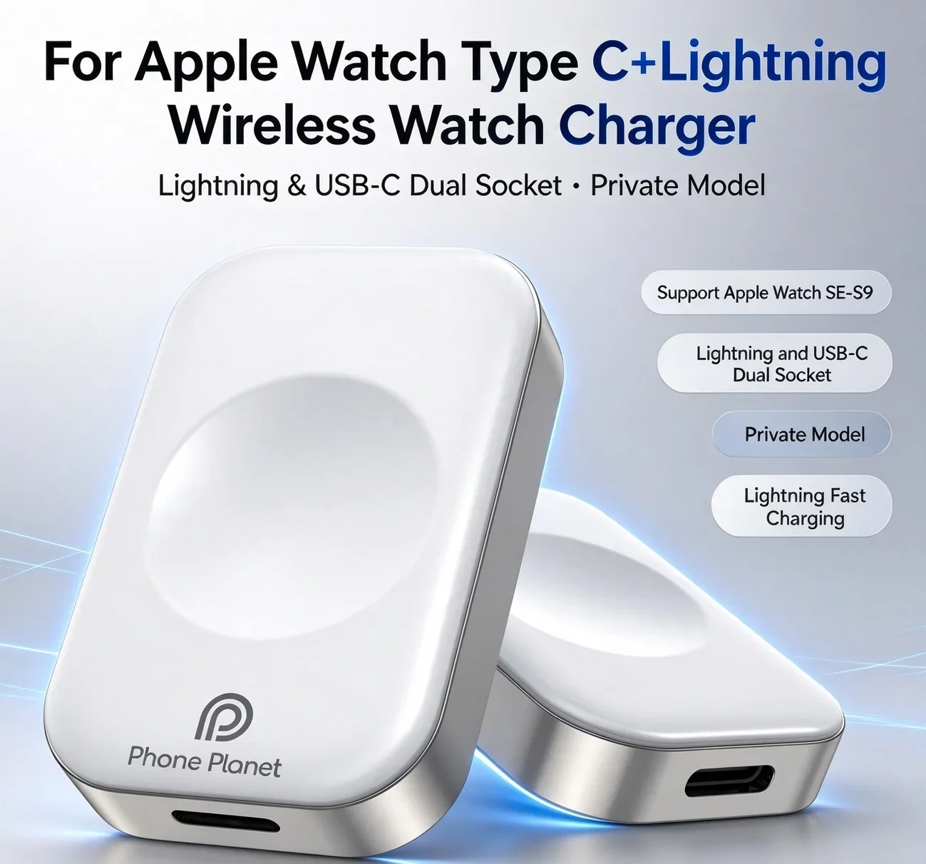 2-In-1 Magnetic Wireless Charger For Apple Watch, Type-C & Lightning Dual Port Fast Charging Station For iWatch Series SE 1-10