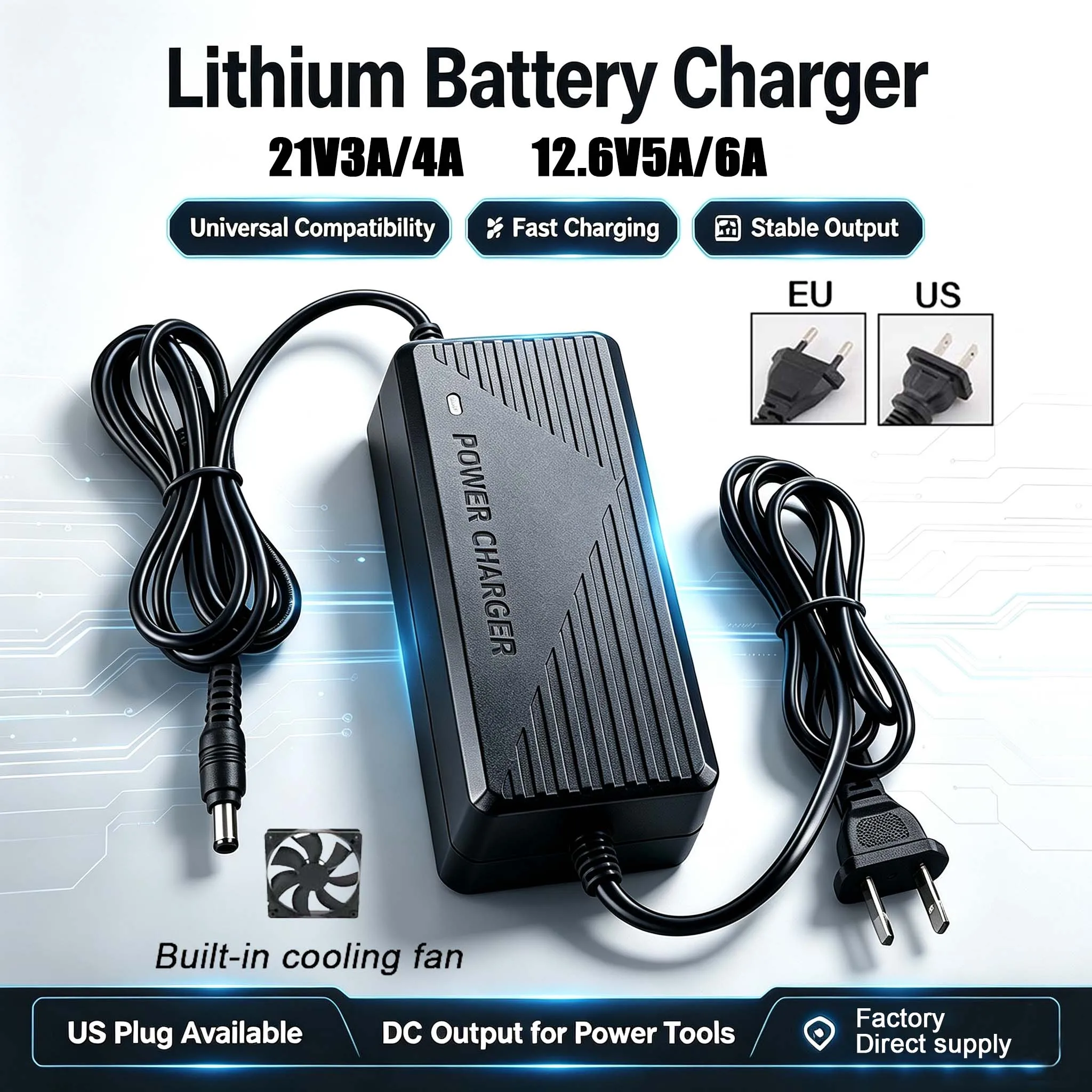 EU Us Plug 21V 4A 3A Lithium Battery Pack Charger 12.6V 6A 5A Fast Charging for PowerTool 5s 18V 21V Li-ion Battery Charger