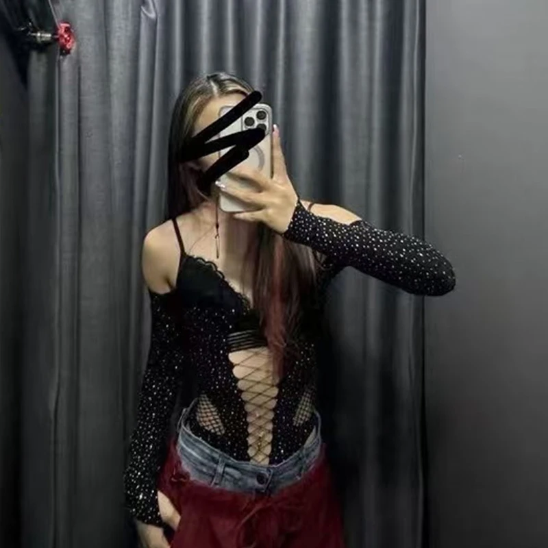 ملابس داخلية من الدانتيل للنساء خارج الكتف الجوف خارج شبكة شير الجسم أعلى الإناث الساخن عارية الذراعين ملهى ليلي الملابس الداخلية أعلى بالجملة #4