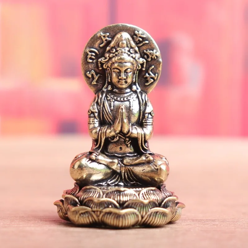 Vintage Brass Guan Yin Figurine, Sitting on Lotus Statue with Mantra Backplate, Mini Desktop Ornament,Craft Decor  Gift