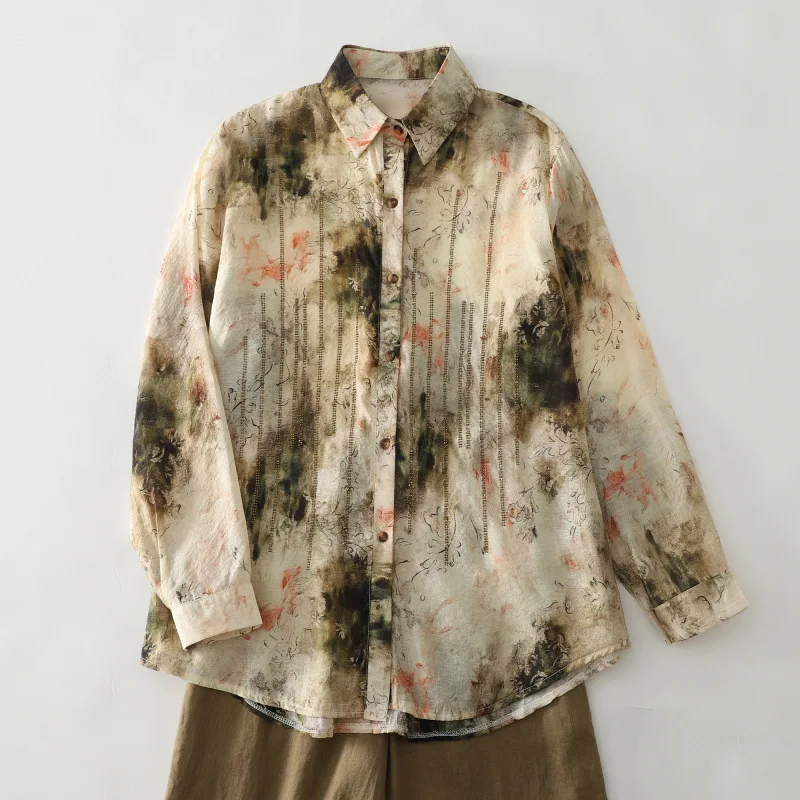 

Женская зеленая блузка с бежевым принтом в стиле инк-арт, с воротником-поло, длинными рукавами, на пуговицах, с золотыми полосками, в китайском стиле Y2K, художественный образ