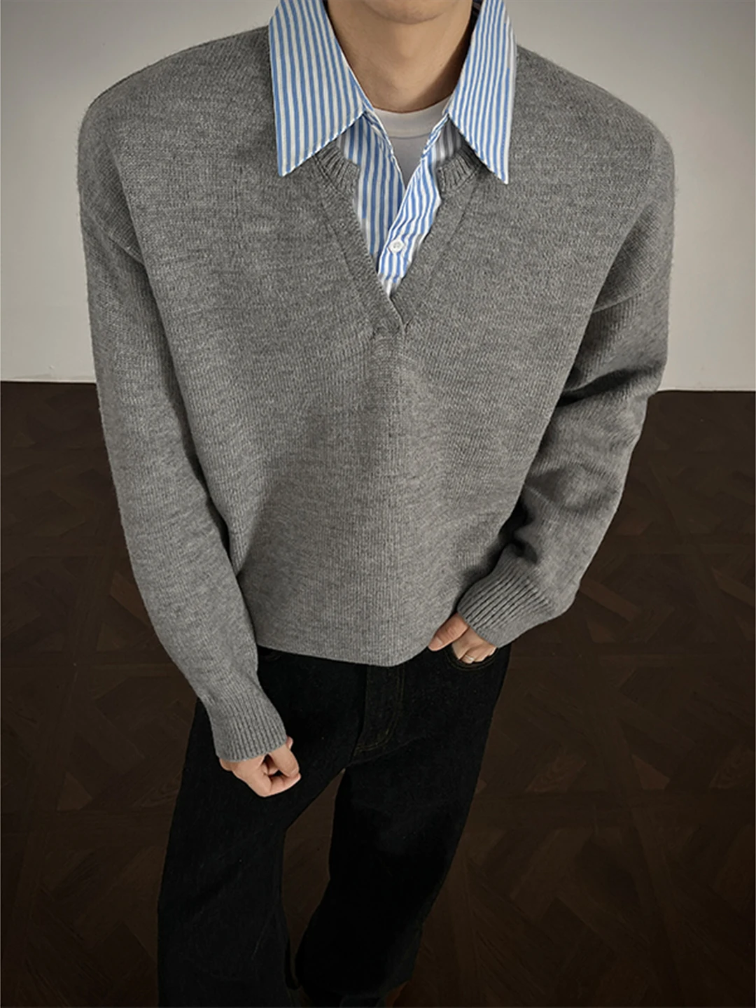 

Мужской вязаный свитер с имитацией двухслойности и воротником-рубашкой, осенне-зимний, повседневный, модный, из мягкого полиэфирного волокна, с длинными рукавами, антибактериальный