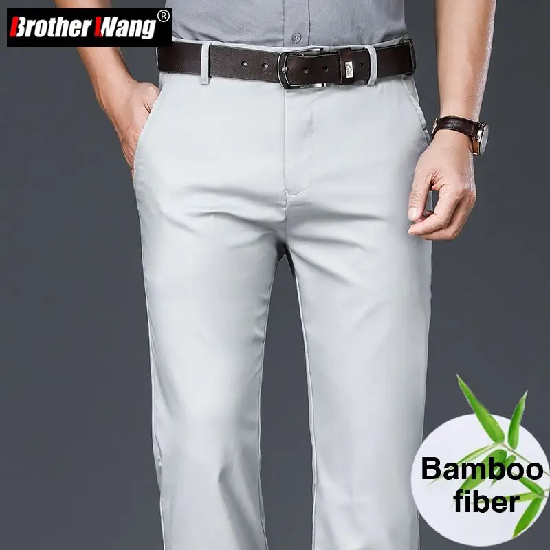 Pantalones casuales finos de fibra de bambú para hombres, pantalones de negocios elásticos, monocromáticos, caqui, marca, primavera y verano, 4