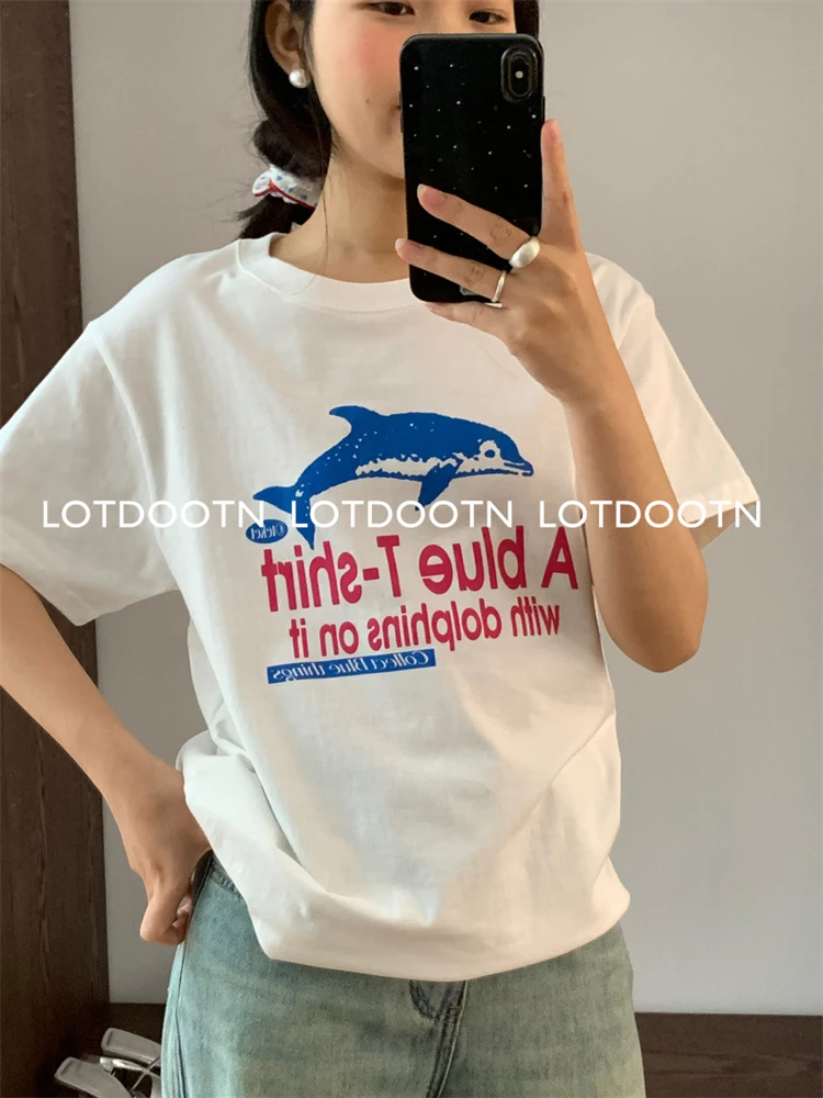 LOTDOOTN t-shirt estive Preppy Y2k in stile coreano t-shirt grafiche a maniche corte con stampa delfino da donna in puro cotone Harajuku top Casual