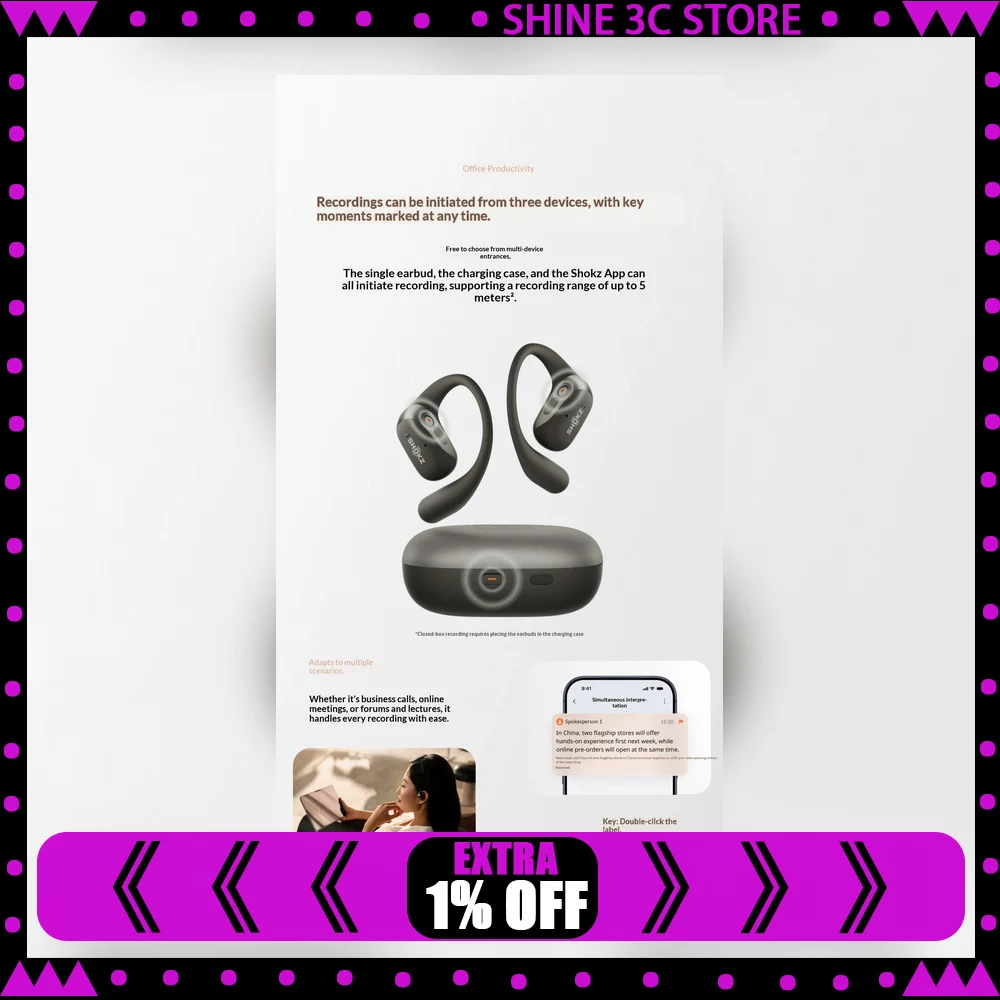 SHOKZ OpenFit 2 AI Open Ear Earbuds Wireless Bluetooth Ear Hook Headphones for Meetings Translation and Daily Use