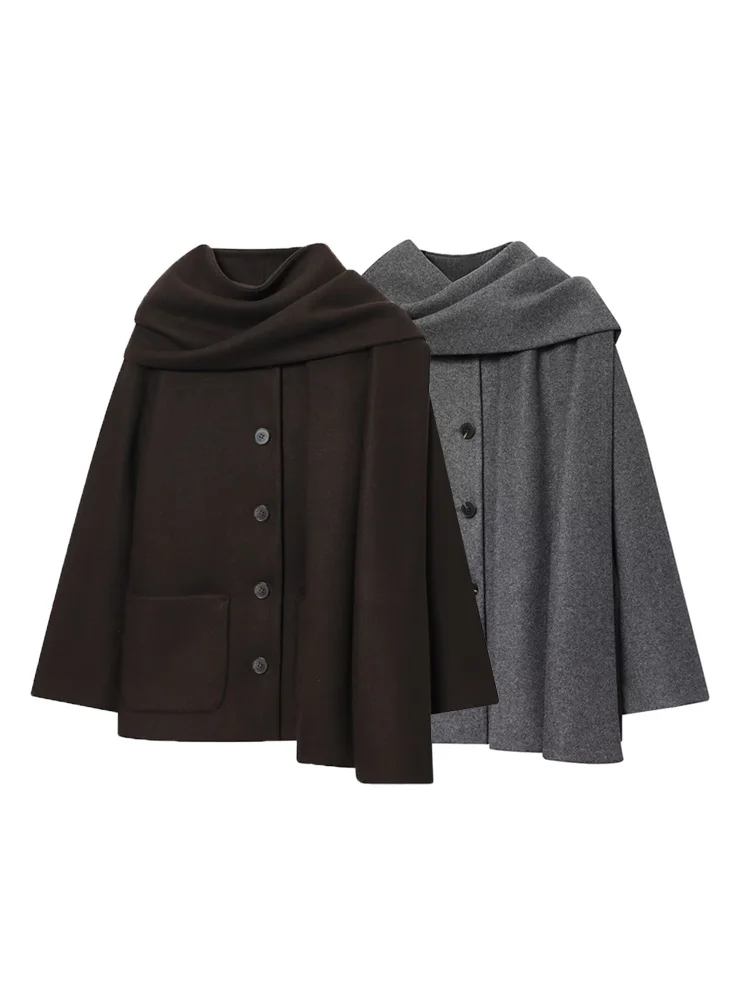 

Women's Fashion Loose Woolen Coat With Scarf Long Sleeve Front Button Female Outerwear Chic Tops