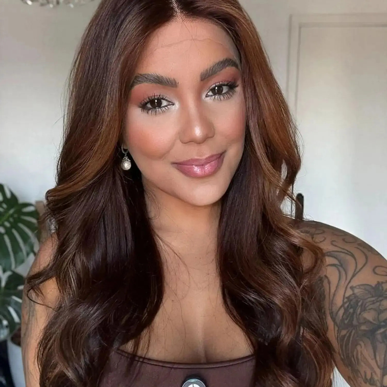 

Easy Maintenance Ombre Red Brown Highlights Synthetic Lace Frontal Wigs Ready To Wear Medium Length Body Wave Heat Resistant Wig