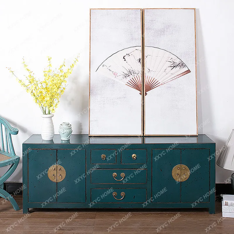 Solid wood TV cabinet retro color paint storage cabinet small apartment living room TV cabinet