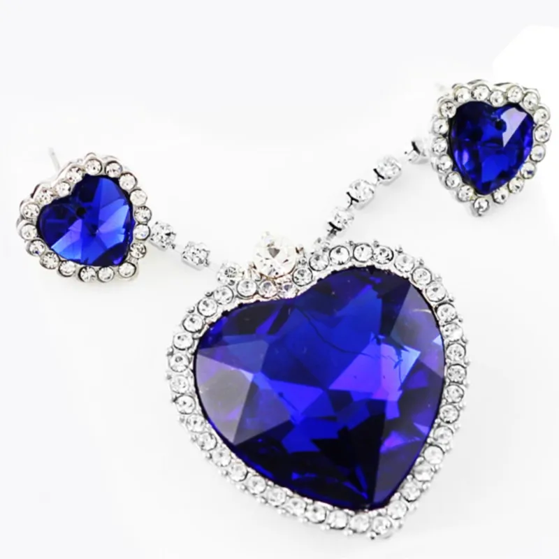 BLUE heart Pendant Crystal shine rhinestones Necklace Earring Jewelry set charm lover girl classic dropshipping quality fashion