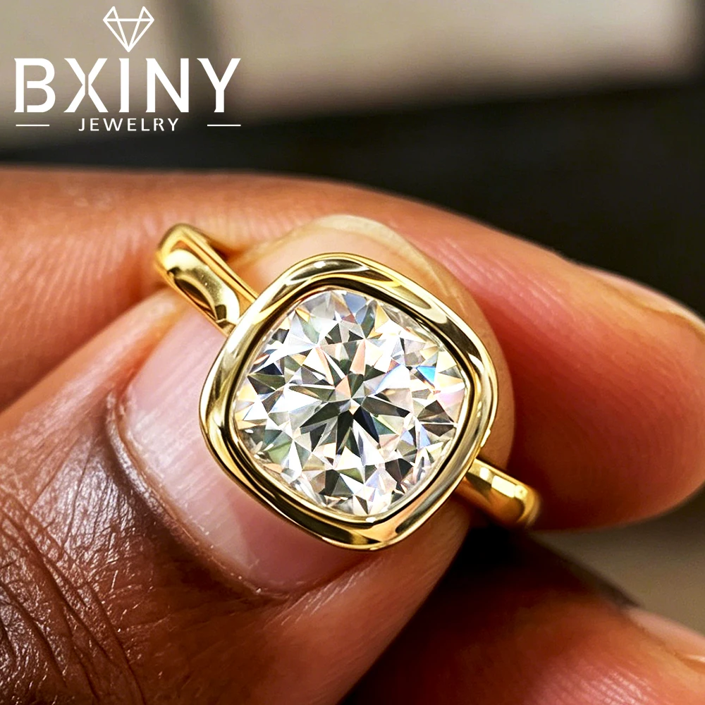 

BXINY Bezel Set 2CT Cushion Cut Moissanite Ring 925 Sterling Silver Solitaire Square Diamond Wedding Band for Women Gift Jewelry
