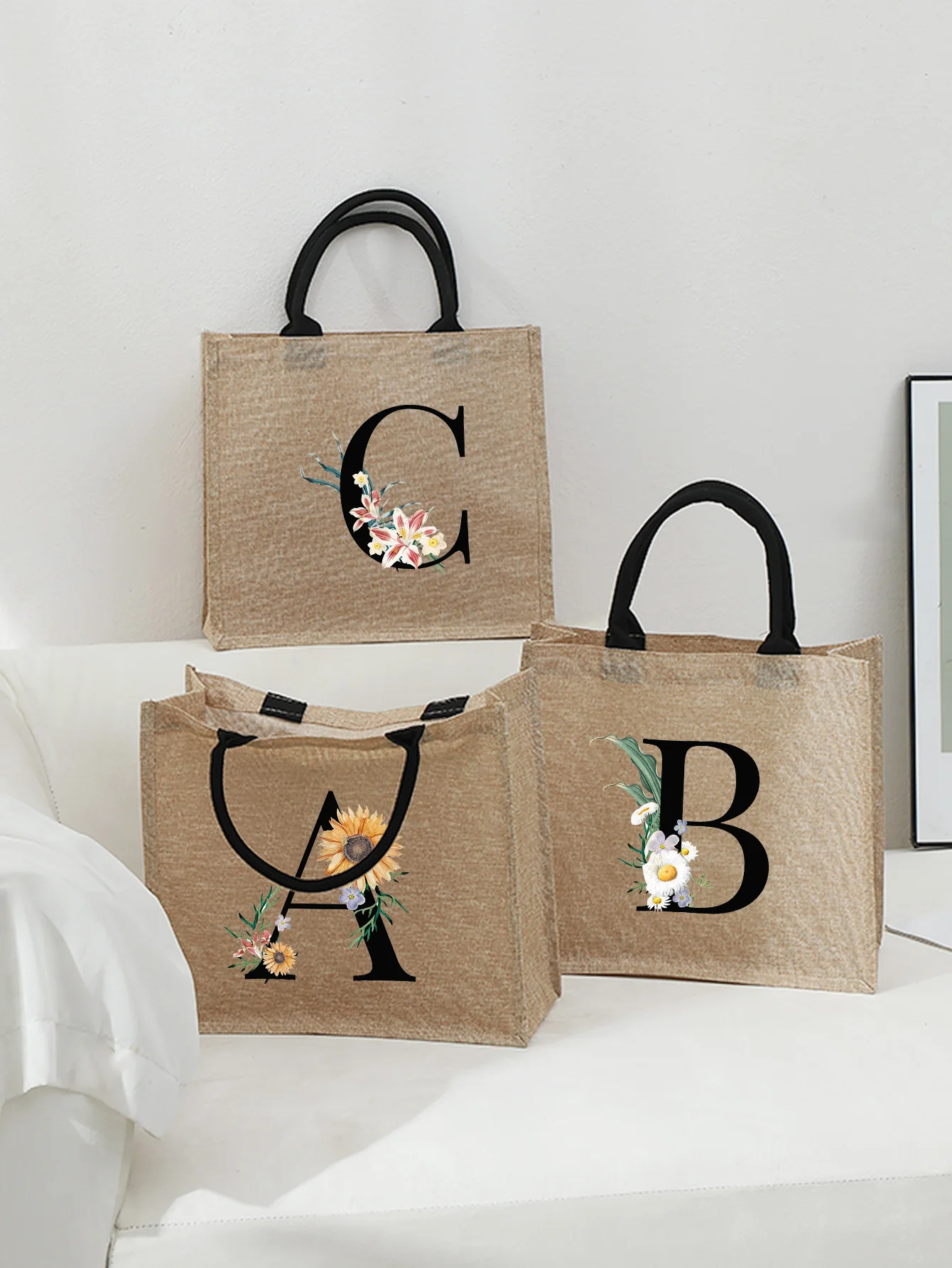 

2026 New Flower Alphabet Printed Linen Handbag and Linen Tote Bag Wedding Travel Storage Bags Suitable for Teachers Students