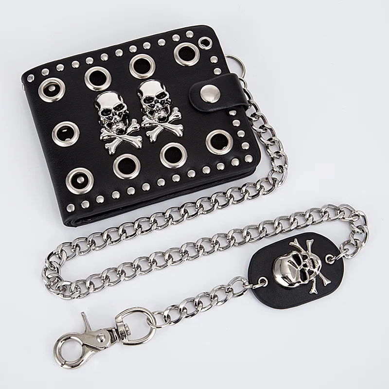 Monedero de cuero PU con cadena para hombre y mujer, cartera estilo Punk, gótico, Western Skull, Retro, Steam Rock, tarjetero