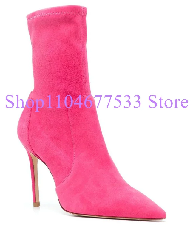 Rose Red Thin Heel Lady Ankle Boots Fashion Pointed Toe Suede Woman Short Booties Large Size Banquet Dress Shoes
