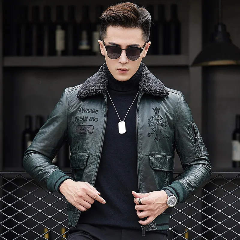 Tcyeek Real Leather Jacket Men Lamb Wool Collar Detachable Sheepskin Cotton Coat Winter Clothes Trendy Embroidery Slim Fit