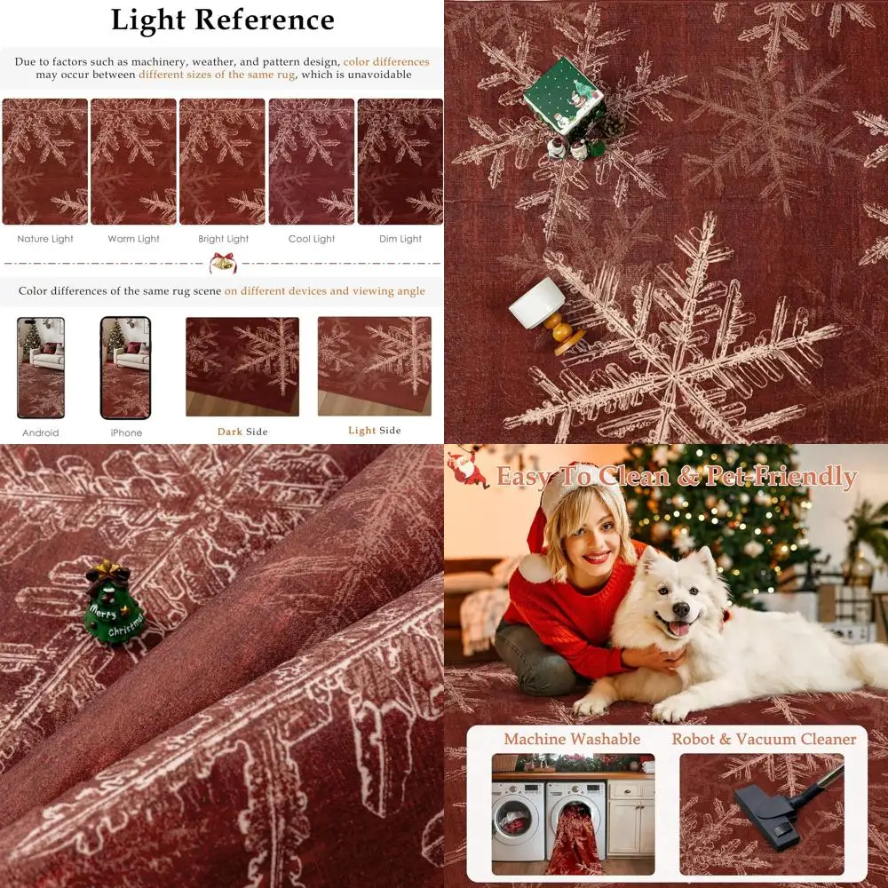 

Red 5x7 Christmas Rug - Washable Snowflake Holiday Decor for Entryway, Non-Slip Soft Low Pile Indoor Carpet for Kitchen, Dining,