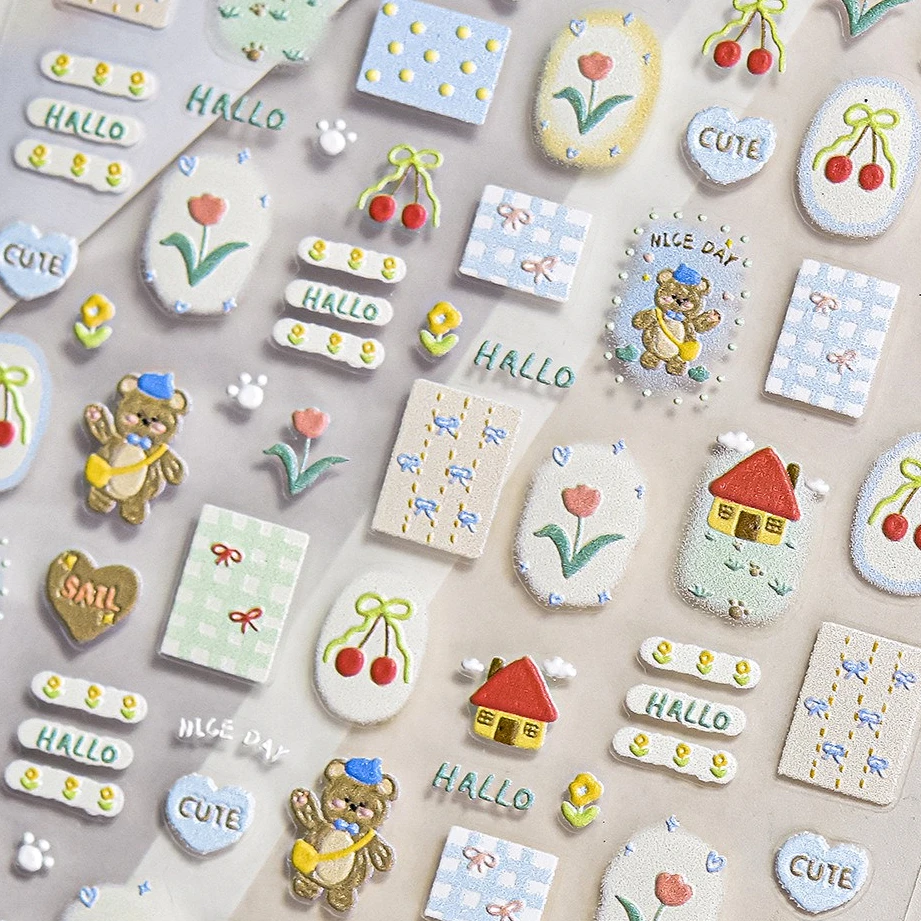 

Geometric Grid Bear Bowknot Duck House Tulip Flower Star Cherry Coil Button Notebook Cloth Fabric Nail Art Stickers Charms Decal